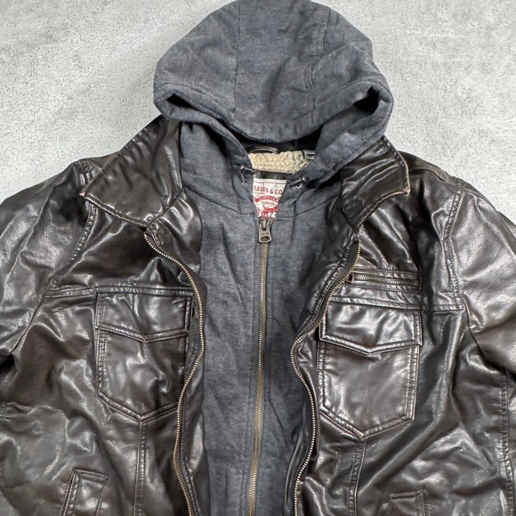 Levis Mens Faux Leather Sherpa Lined Hooded Trucker Jacket Brown XL RN54163 - Picture 2 of 12